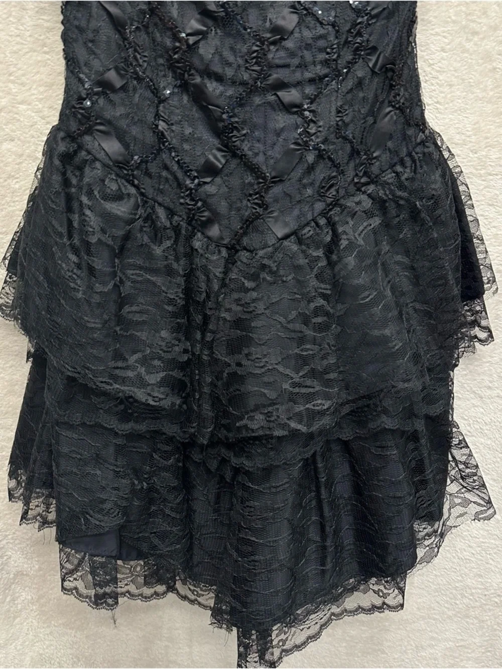 Vintage Black Strapless Lace Cocktail Dress Tiered whimsigoth Mini Dress medium